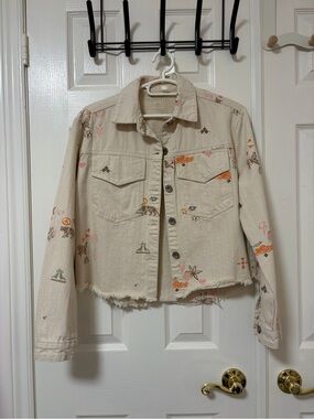 Embroidered Beige Cropped Jean Jacket -